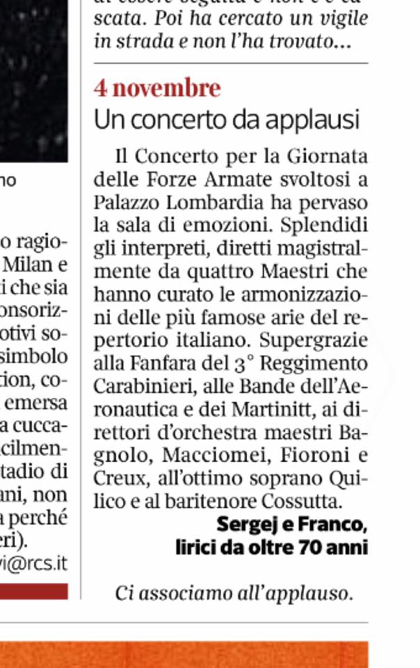 Concerto Fanfara Aeronautica e dei Carabinieri. Corriere della Sera, 13.11.2017