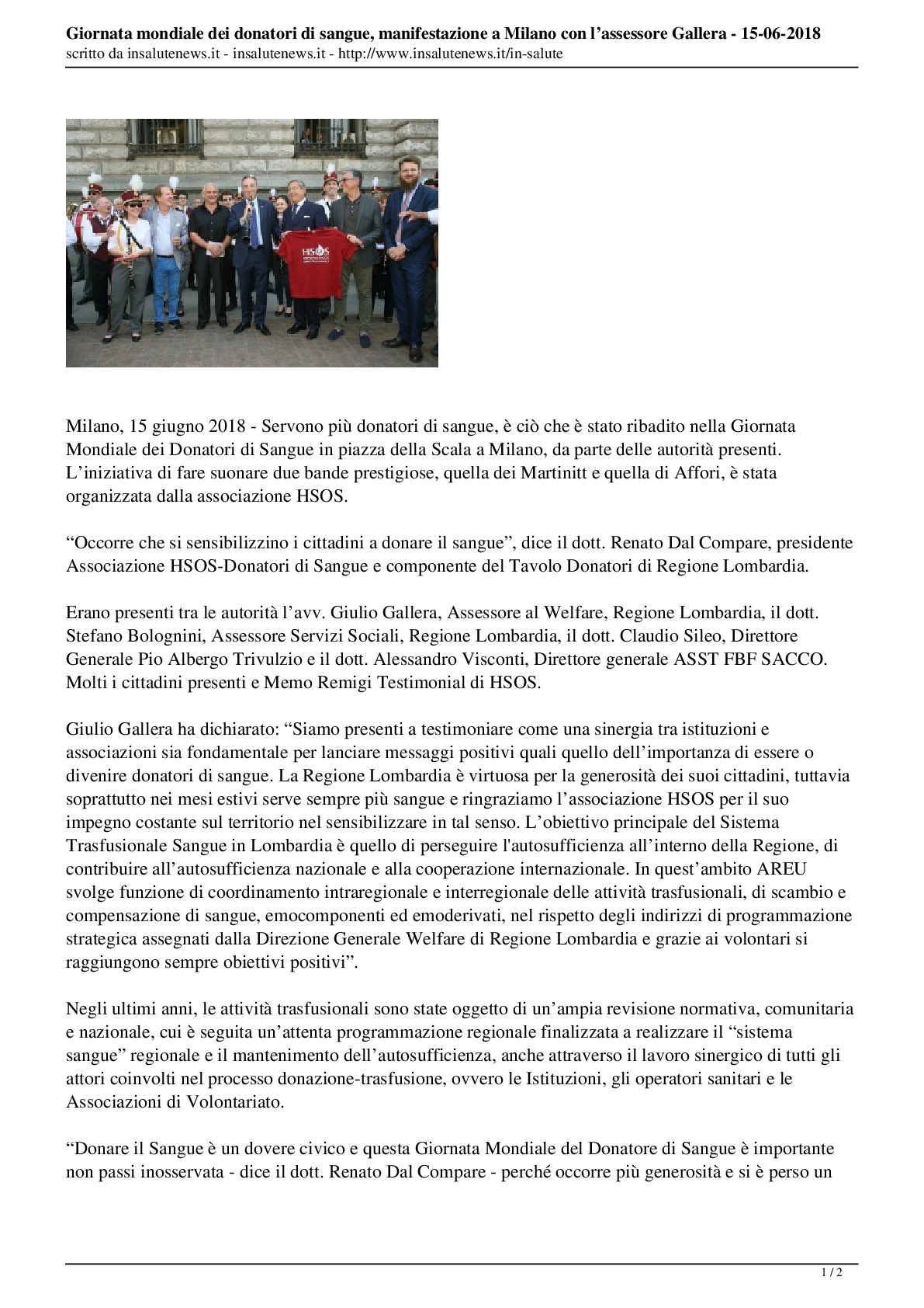 Giornata Mondiale della Donazione di Sangue, Insalute-news-del-15.06.2018