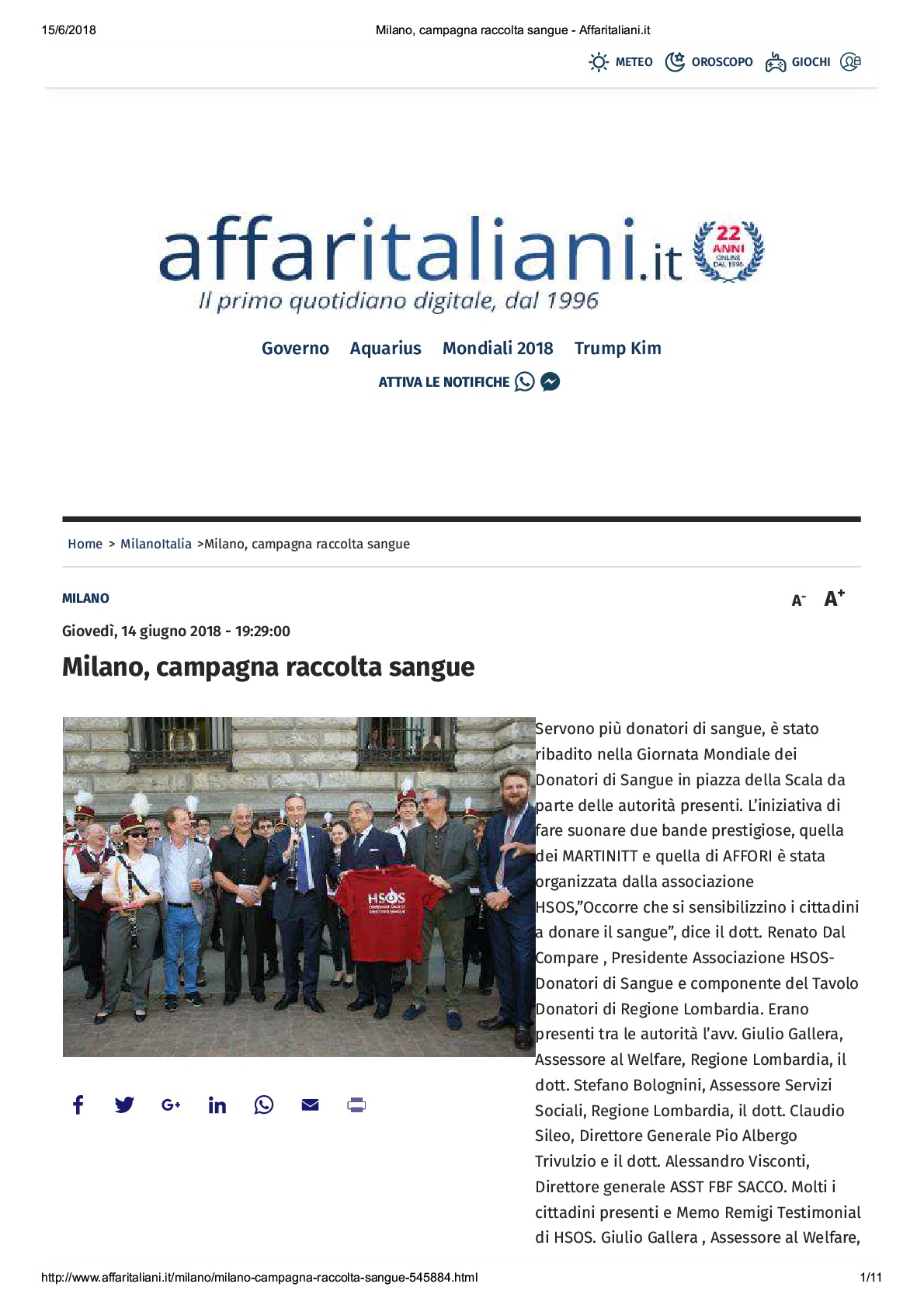 Giornata Mondiale della Donazione di Sangue, Affaritaliani.it del-15.06.2018